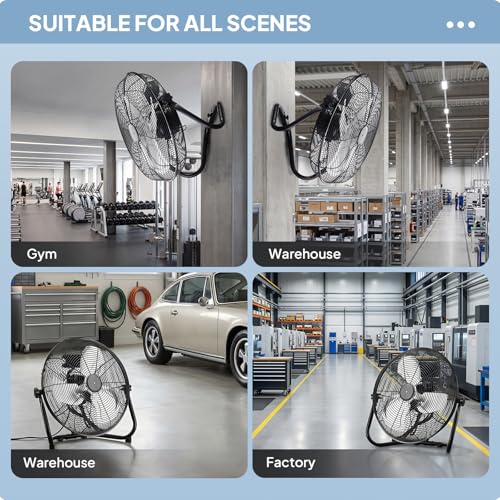 ROVSUN 16" High Velocity Floor Fan with Wall-Mounting System, 3-Speed Heavy Duty Metal Industrial Fan with Adjustable Tilt, Wall Mount Fan Cooling for Commercial, Garage, Workshop, Greenhouse and Gym - size: 16''