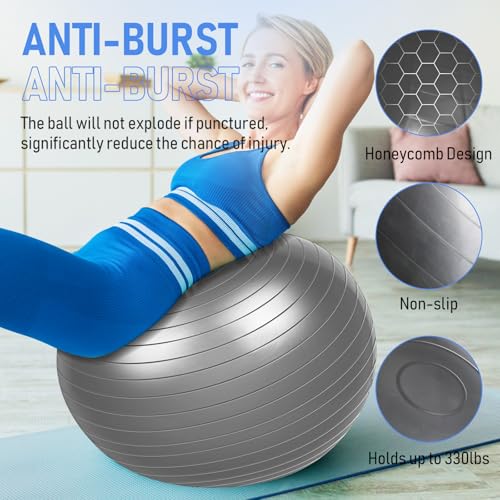 Leyndo 4 Pcs 26 Inch Yoga Exercise Ball Pilates Pregnancy Birthing Fitness Ball with Quick Pump Anti Burst for Improved Posture, Balance, Yoga, Pilates, Training - color: Gray