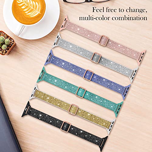 LETOID Stretchy Bands for Apple Watch Band Women Men Adjustable Solo Loop | Skin-Friendly Elastic Nylon Replacement Strap, iWatch Series 11 10 9 8 7 6 5 4 3 2 1 SE Ultra 49 46 45 44 42 41 40 38mm - color: 6-Pack: Black/Silv Wht/Gold Wht/Pink/Purple/Teal,