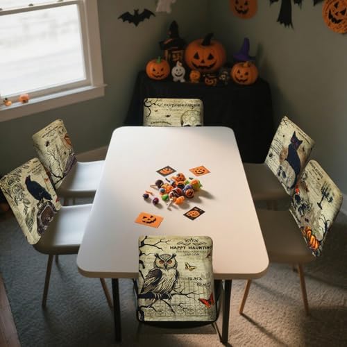 Moukeren 6 Pcs Gothic Chair Cover Set Gothic Halloween Decor Stretch Dining Chair Back Covers Skeleton Black Cat Bat Owl Seat Covers Horror Home Farmhouse Dining Seat Protector for Kitchen Decor - style: Gothic