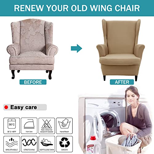 NILUOH Wingback Chair Cover 2-Piece Soft Stretch Wing Chair Slipcover Solid Color Armchair Sofa Couch Cover Furniture Protector with Elastic Bottom for Living Room Bedroom (Khaki) - color: Khaki