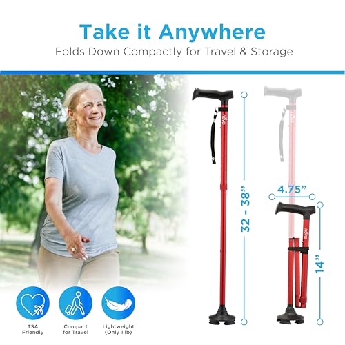 NOVA Foldable Quad Cane for Seniors, Self Standing Adjustable Walking Cane with Pivoting Quad Tip, Lightweight Collapsible Mobility Aid, Bonus Carry Pouch & Replacement Tips, Red - color: Red