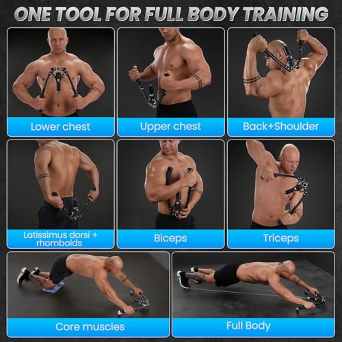 Twister Arm Trainer, 3 in 1 Hydraulic Power Chest Workout Equipment with Ab Roller Wheels and Hooks, Adjustable 22-440lbs Arm Trainer for Men Women, Home Gym Equipment for Full Body Strength Training - color: blue