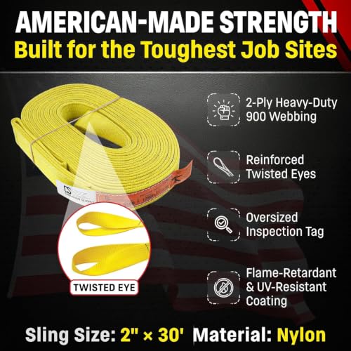 DD Sling (USA Made). Multiple Sizes in Listing! 2" x 30', 2 Ply Twisted Eye, Nylon Lifting Slings, Eye & Eye, 6,400 lbs Vertical, 5,100 Choker, 12,800 Basket Load (2inX30ft) - size: 2inX30ft