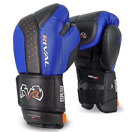 RIVAL Boxing RB10 Intelli-Shock Bag Gloves, Hook and Loop Closure - Ergonomic Fit, 1.25” of Closed Cell Foam for Intense Bag Use - color: Black/Blue, size: Small
