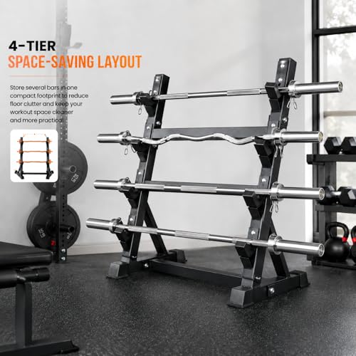 Barbell Storage Rack for Home Gym, 4-Tier EZ Curl Bar Stand with Steel Frame, Workout Bar Holder Organizer for Garage Gym Fitness Room Equipment