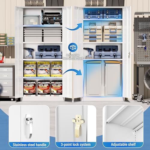Greenvelly Metal Storage Cabinet - 72" Steel White Cabinet with 2 Doors and 4 Adjustable Shelves, Lockable - Perfect for Garage, Home Office, Pantry - color: White, size: 72 Inch