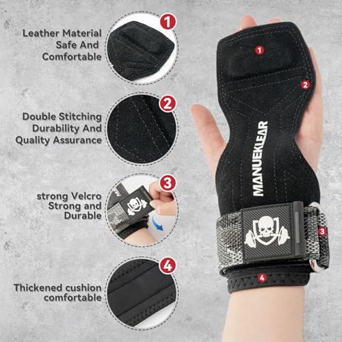 MANUEKLEAR Gym Straps Weight Lifting, Double Leather Lifting Straps for Men Deadlift with Cushion Wrist Loop, Gym Lifting Wrist Wraps for Weightlifting - color: Size S - Black