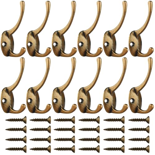 IBosins 12 Pack Antique Brass Coat Hooks Wall Mounted with 24 Screws Retro Double Hooks Utility Antique Brass Hooks for Coat, Scarf, Bag, Towel, Key, Cap, Cup, Hat - color: Antique Brass