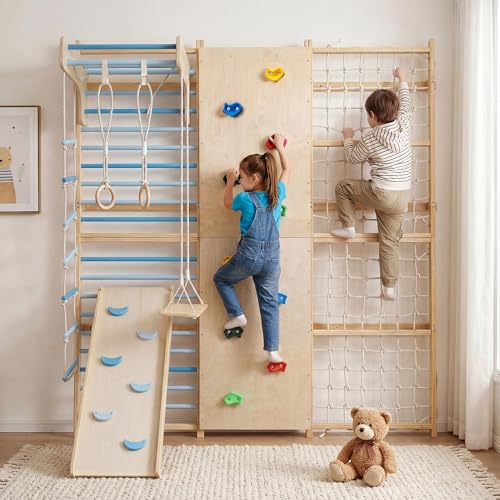 94.5 H 10-in-1 Swedish Ladder, Rock Climbing Wall for Kids and Adults with Slide, Swing, Gymnastic Rings, Rope Ladder, and Monkey Bar, Indoor Jungle Gym