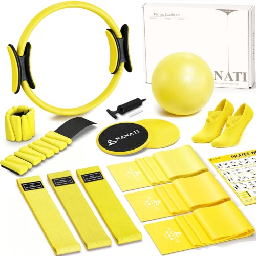NANATI Pilates Kit, Home Pilates Workout Kit for Women, Pilates Equipment with 14.5" Pilates Ring and Ball, Resistance Bands, Ankle Weights, Sliders & Grip Socks for Home Workouts - color: Lemon Yellow