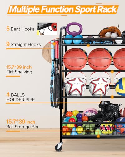 EXTCCT Garage Sports Equipment Organizer - Rolling Ball Storage Bin with Wheels, Garage Sports Gear Rack Outdoor Basketball Racks for Balls with Baseball Bat Holder and Hooks, Toy Organizer - color: Black