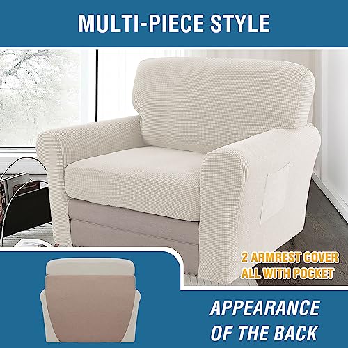 H.VERSAILTEX Multi-Pieces Chair Covers Stretch Couch Covers Form Fitted Seat and Back Cushions Covers (1 Seat Cover Plus 1 Back Cusion Cover, Bonus 2 Armrest Covers), Ivory - color: Ivory, size: 1 SEAT COVER + 1 BACK COVER+ 2 ARMREST COVERS