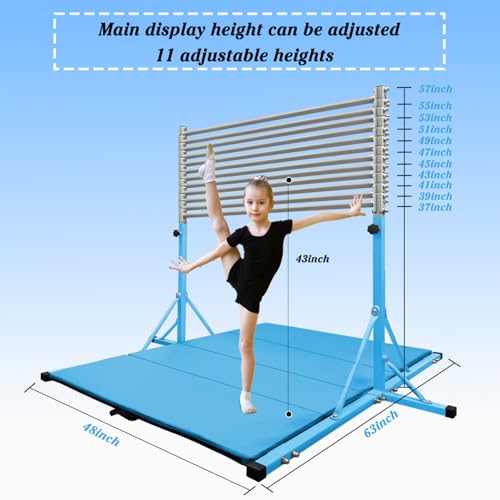 Gymnastics Bar for Kids Girls Ages 3-15 with Ring for Home Indoor Training Equipment- Steady Steel Construction, Anti-Slip, Easy to Assemble, 3' to 5' Adjustable Height - color: TEAL, size: 4.8FT, style: FOLDABLE BAR WITH MAT&RING