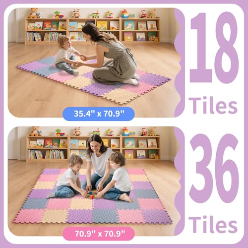 36 Tiles Foam Play Mat for Baby, 0.4 Inch Thick Foam Interlocking Floor Mats, Non-Toxic Baby Playmat, Solid Colored Puzzle Play Mat Kids Floor Mats for Toddler(Beige/Pink/Purple/Gray Blue) - color: Beige/Pink/Purple/Gray Blue, size: 36 Pcs/70.8*70.8