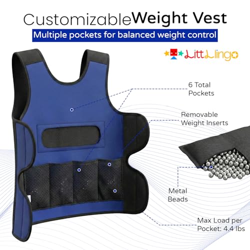 Weighted Vest for kids with Adjustable Weights, Compression Vest for Kids & Toddlers, Removable Metal Beads, Breathable Mesh and 6 Pockets - size: Medium