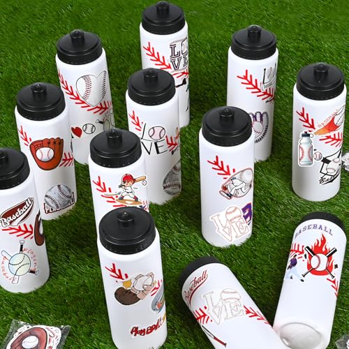Baseball Party Favors, 12 Pack Baseball Water Bottles with 300 PCS Stickers, 20 oz Sports Squeeze Bottle, BPA-Free Reusable Water Bottles Bulk for Boys, Gifts For Team - style: 1# 12 Pack-Baseball
