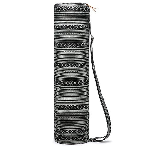 Yoga Mat Bag for Women & Men, Full-Zip Canvas Pilates Bag with Pockets | Lightweight Yoga Mat Carrier with Adjustable Shoulder Strap, Fits 1/4 & 1/3 Inch Thick Mats, for Studio Gym Travel Workout - color: Black and White