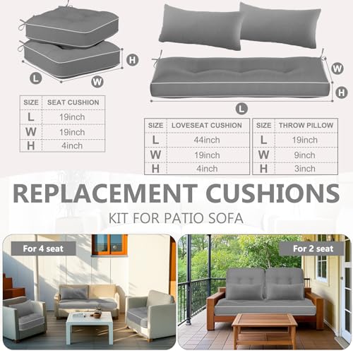 Chunful Set of 5 Outdoor Bench Cushions Set 44 x 19 Inch Tufted Waterproof Patio Furniture Seat Pad with Throw Pillows Loveseat Cushion for Square Settee Indoor Sofa Wicker Couch(Gray) - color: Gray