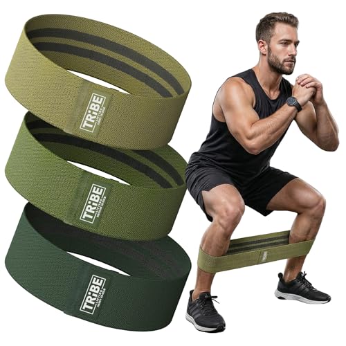 Tribe Lifting Resistance Bands for Working Out - 3 Pack Fabric Workout Bands for Women and Men - Booty Bands for Legs and Glute - Non Slip Exercise Bands Set for Squat Hip Thigh - color: Military Green