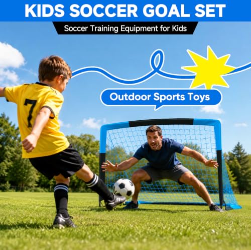 Soccer Goal, Kids Soccer Goals for Backyard Set- 2 Pack of Portable Pop Up Soccer Nets with Ball,Cones,Soccer Training Equipment for Toddler,Youth Outdoor Backyard Game - color: Blue Black, size: 6x4 FT