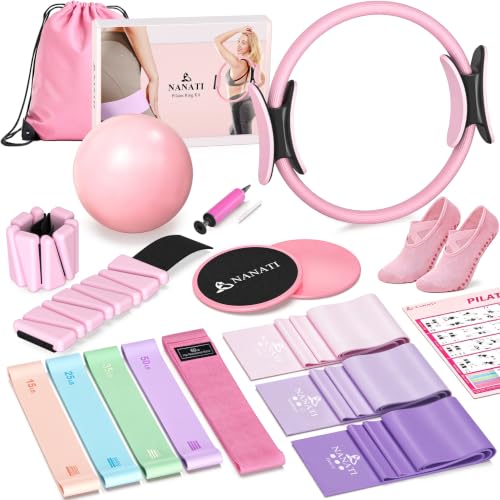 NANATI Pilates Kit, Home Pilates Workout Kit for Women, Pilates Equipment with 14.5" Pilates Ring and Ball, Resistance Bands, Ankle Weights, Sliders & Grip Socks for Home Workouts - color: Pink