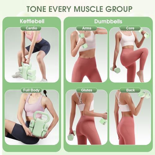 Adjustable 2-in-1 Convertible Kettlebell & Dumbbells Set, 4 in 1 Free Weights Dumbbell Set of 2, Each 2.2 3.3 4.4 5.5lb Quick Change Women Dumbbell Set for Home Exercise Training - color: Green