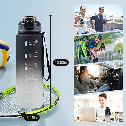 Sports Water Bottle with Straw,32 OZ Water Bottles with Time Marker for Boys and Girls,Simple Modern Water Bottle Plastic Leakproof Bpa Free,Waterbottle for Adults,School,Gym,Outdoor - color: Black White
