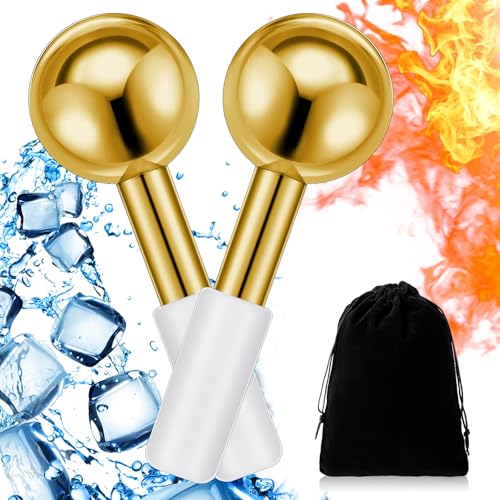 Baderke 2 Pcs Ice Globes for Face Stainless Steel Cooling Globes Unbreakable Cooling Roller Women Ice Balls Cryo Sticks Facials Skin Care for Dark Circles, Puffiness(Gold (White Handle)) - color: Gold (White Handle)