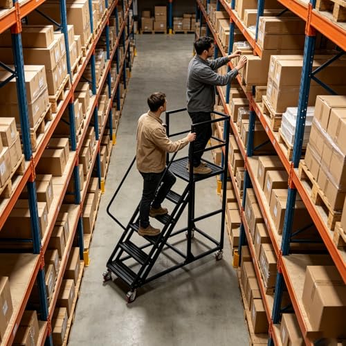 6 Step Rolling Warehouse Step Ladder, Industrial Mobile Staircase on Wheels, 1100Lbs Weight Capacity, Heavy Duty Mobile Platform Ladder with Handrails, Suitable for Warehouse, Library (Black, 6 steps) - color: Black