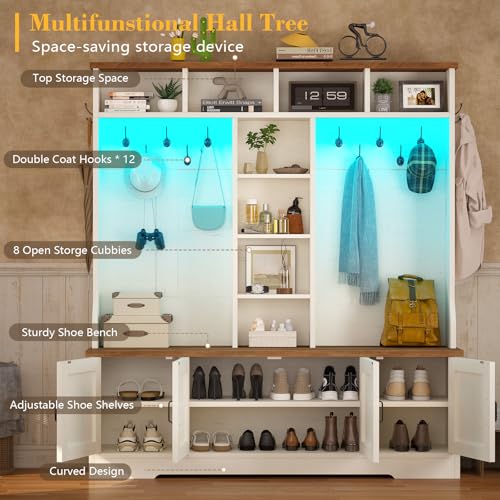CSZZD Hall Tree with Bench and Shoe Storage, Farmhouse Entryway Bench with Coat Racks and Led Lights, Large Hall Tree with 12 Coat Hooks, 8 Storage Cubbies, Adjustable Shelf - color: Antique White, size: 59.1"