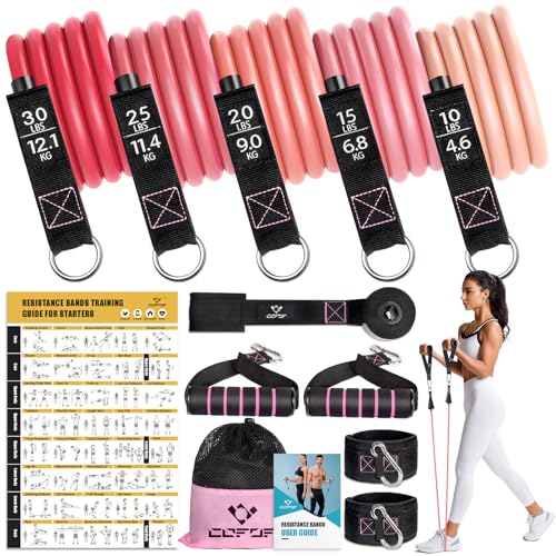 Resistance Bands with Handles for Women, 5 Level Exercise Bands Workout Bands for Physical Therapy, Yoga, Pilates, Door Anchor, Storage Pouch - color: Pink