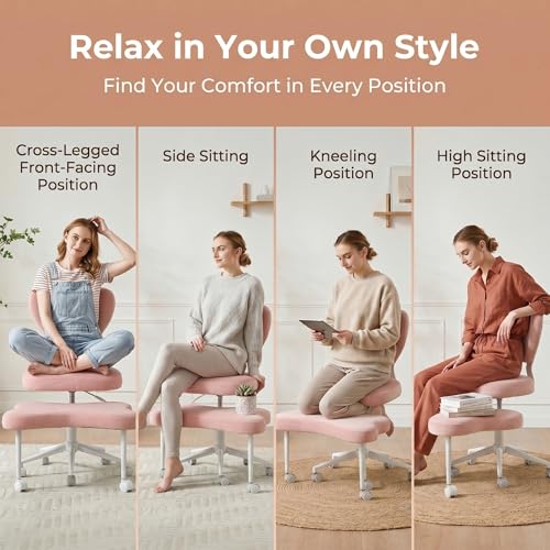 Cross Legged Office Chair with Wheels, 360 Swivel Height-Adjustable Meditation Chair with Lumbar Support, Pink - color: Pink, size: Heart Back with Rectangular Cushion