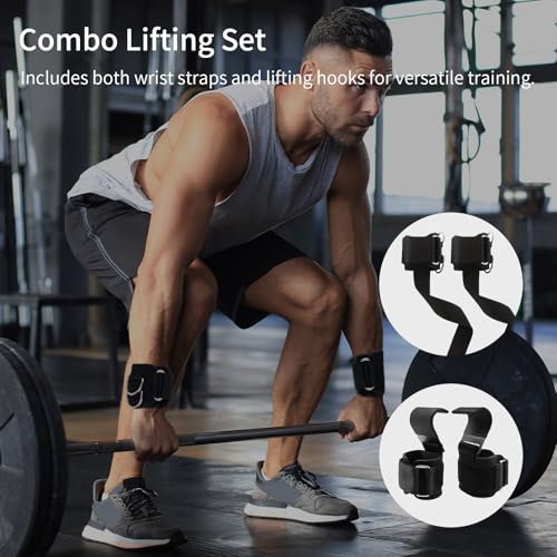 Weight Lifting Straps With Cuffed D Ring(1Pair) and Weight Lifting Hooks(1Pair) Set, Wrist Support for Men, Heavy Duty Thick Comfortable, Non-slip, Enhanced Grip, Straps for Weightlifting & Training