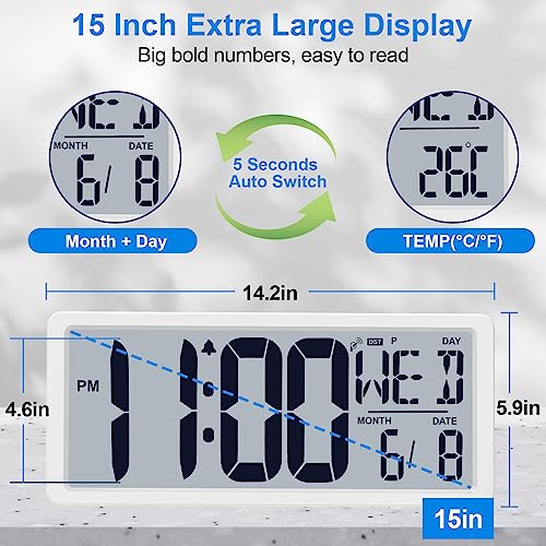 Bluetooth Time Sync Digital Wall Clock Battery Operated with Backlight, Auto DST Large Digital Wall Clock with Day, Date & Temperature, 15'' Large Digital Clock for Home, Bedroom, Office - color: White