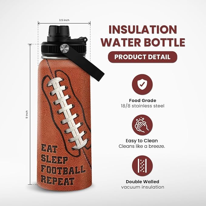 SANDJEST Football Water Bottle 32oz Insulated Stainless Steel Sports Bottle - Football Fans - color: Football 2