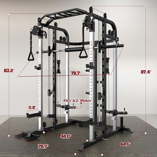 Smith Machine, Multifunctional Power Cage Rack with Smith Bar and Cable Pulley System, and LAT Pull Down Machine for Home Gym… - style: Power Cage