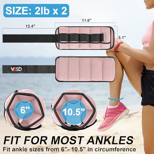 VBSD Adjustable Ankle Weights for Men Women, 2 4 6 8 10 lbs 1 Pair Leg Weight Straps, Weighted Ankle Weight Set with Removable Sandbags for Walking Running Yoga Physical Therapy Gym Home Workout - color: Pink, size: 2LBx2