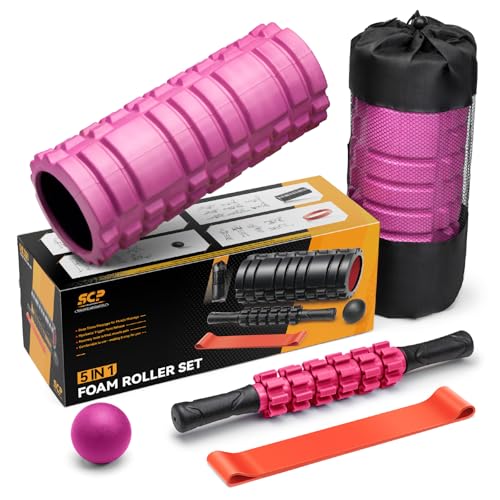 5 in 1 Foam Roller Set for Deep Tissue Muscle Massage, High Density Fitness Exercise Foam Roller, Massage Roller, Massage Ball, Resistance Band, for Whole Body (Pink-Black) - color: Pink-black