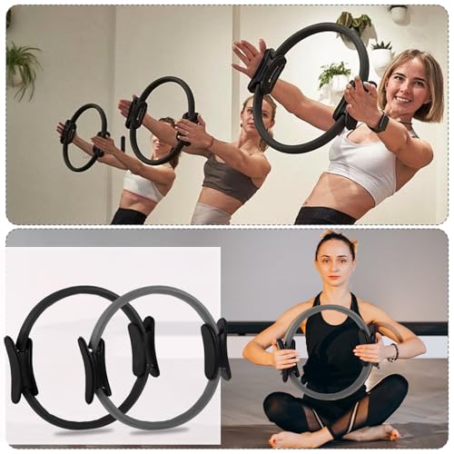21 Pcs Pilates Ring Circle Set for Women, Includes Ball Yoga, Ring Stretching, Strap Bands, Non Slip Socks, Back Bags for Workout, Commonly Used for Yoga, Pilates, Stretching, Fitness(Black,Gray)