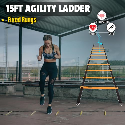 Invincible Fitness Agility Ladder Full Training Equipment Set, Improves Coordination, Speed, Power and Strength, Includes 10 Cones 4 Hooks and 3 Loop Resistance Bands for Outdoor Workout (Orange)