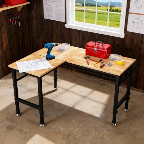 Betterhood Adjustable L-Shaped Workbench, Rubber Wood Top Heavy Duty Workstation with Power Outlets, 2000 LBS Load Capacity Hardwood Worktable for Workshop, Garage, Office, Home, Commercial - size: L Shape/Rubber Pad/Power Outlets/Ruler/57.1"x47.2"