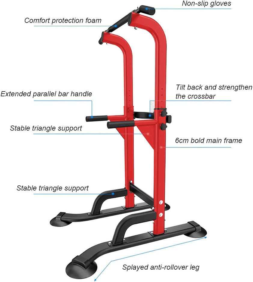 SogesHome Power Tower Pull Up Bar and Dip Station, Height Adjustable Dip Stand Exercise Machine for Home Gym, Multi-Functional Free Standing Strength Training Fitness Workout Station - color: Red