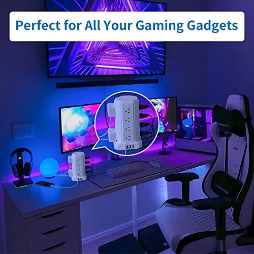 10 FT Extension Cord Power Strip Tower, 16 Widely Outlets 1875W 15A, Flat Plug Surge Protector with 4 USB Ports, Individual Switches, 1080 Joules, Overload Protection for Home Office Desktop, White - color: White, size: 10ft - 16 Outlets 4 USB