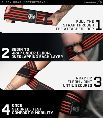 Gymreapers Weightlifting Elbow Wraps (1 Pair) - Flexible 40'' Elbow Compression Strap & Joint Support Brace - for Bench Press, Powerlifting, and Pressing - color: Red