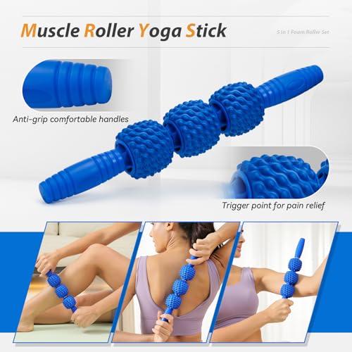 5 in1 Foam Roller Set, Trigger Point Foam Roller, Massage Roller Stick, Massage Ball, Resistance Band for Deep Muscle Massage Pilates Yoga,Fitness Exercise for Whole Body (Pure Blue) - color: Pure Blue