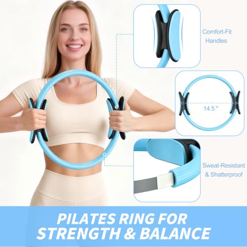 NANATI Pilates Kit, Home Pilates Workout Kit for Women, Pilates Equipment with 14.5" Pilates Ring and Ball, Resistance Bands, Ankle Weights, Sliders & Grip Socks for Home Workouts - color: Blue