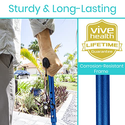 Vive Folding Cane - Foldable Walking Cane for Men, Women - Fold-up, Collapsible, Lightweight, Adjustable, Portable Hand Walking Stick - Balancing Mobility Aid - Sleek, Comfortable - color: Blue