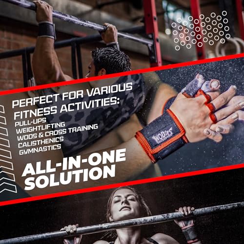 JerkFit WODies Gymnastics & Weightlifting Grips with Wrist Wraps – 3 Hole Versatile Gym Gloves for Pull Ups, Gym Training & Cross Training – Hand Grips Palm Protector for Men & Women - color: Red, size: Medium 3.5”- 4”