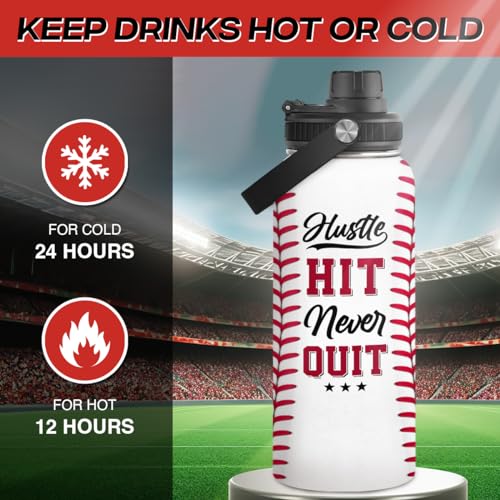 Baseball Water Bottle 32oz Hustle Hit Never Quit Stainless Steel Insulated Bottle for Men Women Sports Lovers Baseball Fans - color: Baseball 2